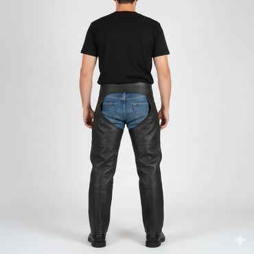 Front view of professional black grain leather protective chaps.
