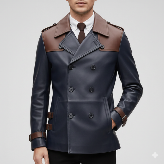 Double-breasted navy blue leather jacket for men featuring brown leather shoulder panels and buckled cuffs.