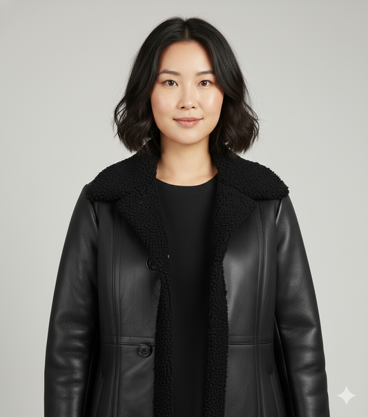 Tailored midi-length black leather-look winter jacket for women featuring tonal fur trim and a button.
