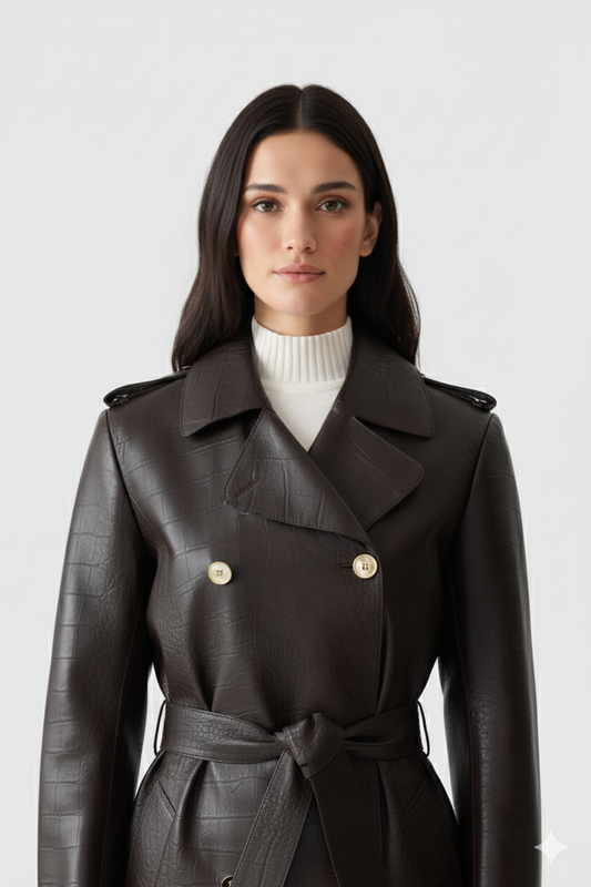 Midi-length chocolate brown leather-look coat featuring wide notched lapels and a matching tie-belt.