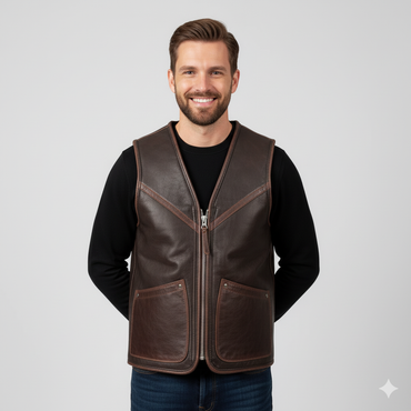 Close-up of the distressed dark brown leather texture and the light-colored whipstitching detail bordering the central zipper.