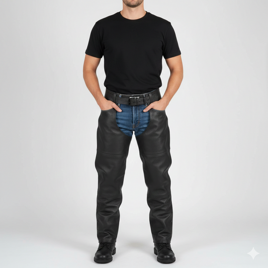 Men's obsidian black leather performance riding chaps with articulated knee panels and adjustable buckled waist.