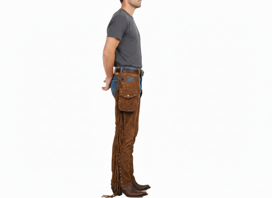 Close-up of the snap-flap utility pocket and metallic stud accents on tan suede leather fringe chaps.