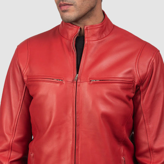nt view of a man modeling a bright red leather jacket, fully zipped, showing the stand collar and sleek horizontal chest zippers.