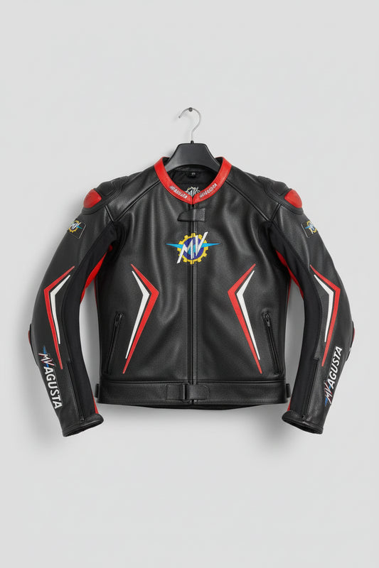 MV Agusta black, red, and white leather motorcycle racing jacket with heritage logo and integrated armor.