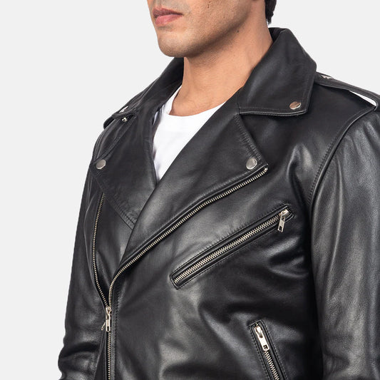 Black leather double rider jacket. Moto style, asymmetrical zipper, waist belt, smooth finish.