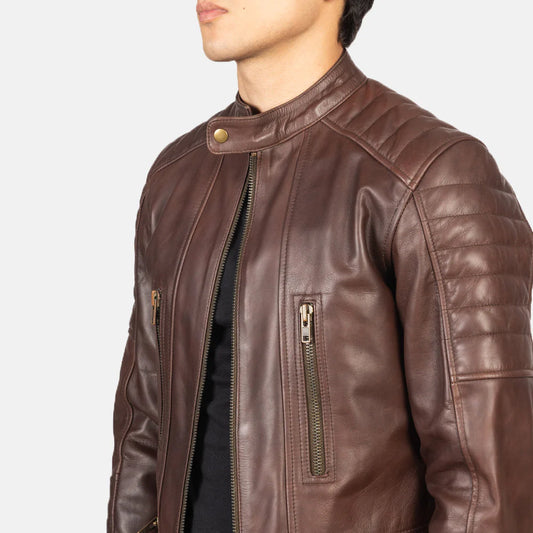 Unique distressed brown leather biker jacket for men, featuring a vintage look and textured quilting for superior style.