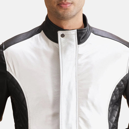 Front view of a man modeling a fully zipped black and white/silver leather bomber jacket, highlighting the contrasting central panel and ribbed hem.