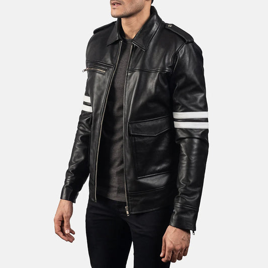 Front view of a man modeling a black leather jacket, showing four flap patch pockets with brass snaps, and a high-neck buckled collar.