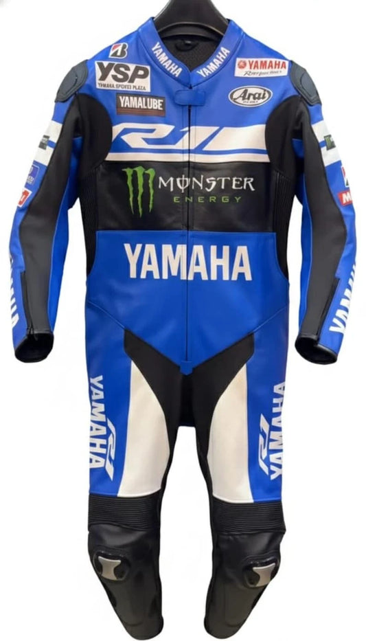 Yamaha Monster Energy black and blue leather motorcycle racing suit with professional sponsor patches and integrated armor.