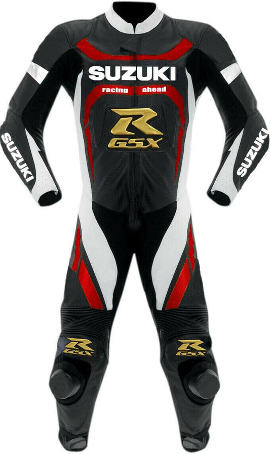 Suzuki GSX-R one-piece leather racing suit in black, red, and white with gold GSX-R branding and integrated armor.