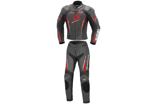 Suzuki Hayabusa two-piece leather racing suit in black and red with kanji logos and integrated armor.