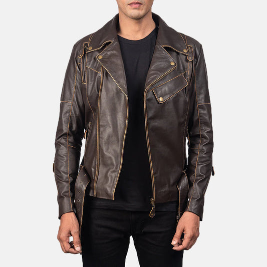 Front view of a brown leather double rider jacket, showing the asymmetrical zip, buckled straps, and light-colored contrast stitching.