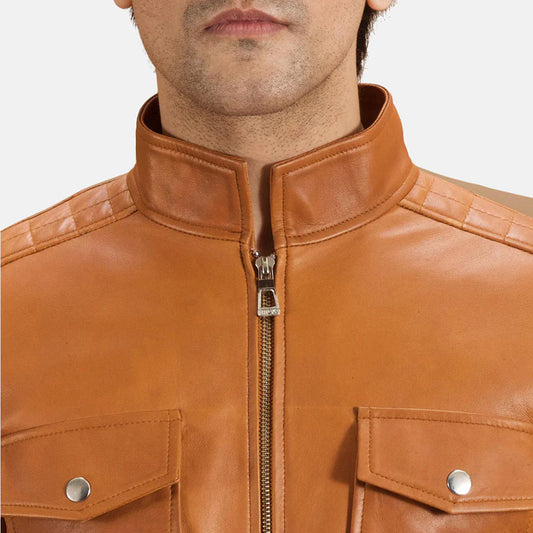 Front view of a man modeling an open vibrant brown sheepskin leather jacket, highlighting the shiny burnished finish and zippered chest pockets.