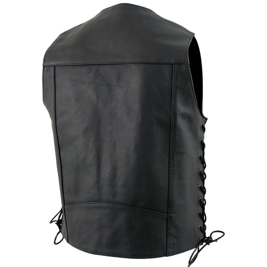 Men's Classic Black Leather Motorcycle Vest with four gold snap buttons and adjustable leather side laces.