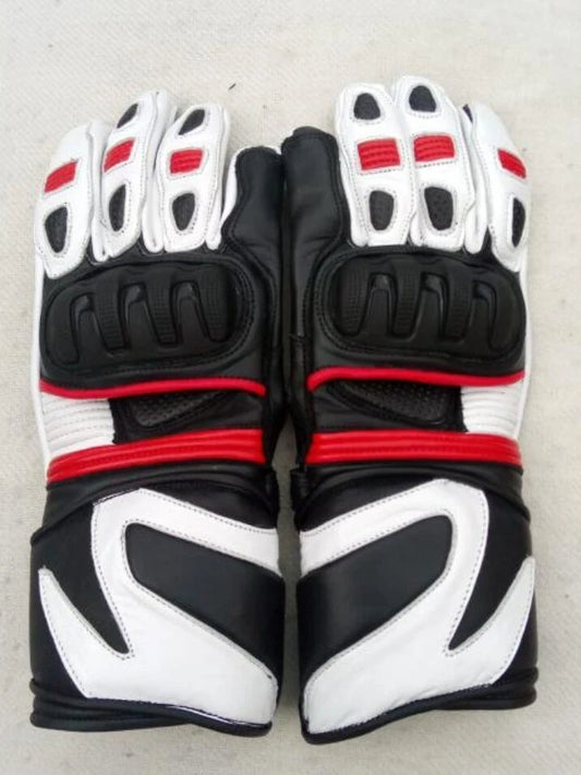 Men's tricolor leather motorcycle racing gloves in black, white, and red with articulated knuckle armor.