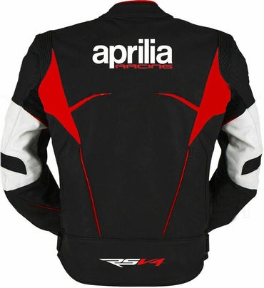 Detailed view of the Aprilia Racing chest logo, red technical strikes, and white leather sleeve panels on a racing jacket.