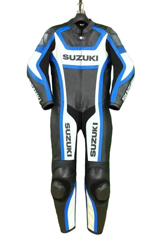 Suzuki one-piece leather racing suit in black, white, and blue with professional armor and sliders.