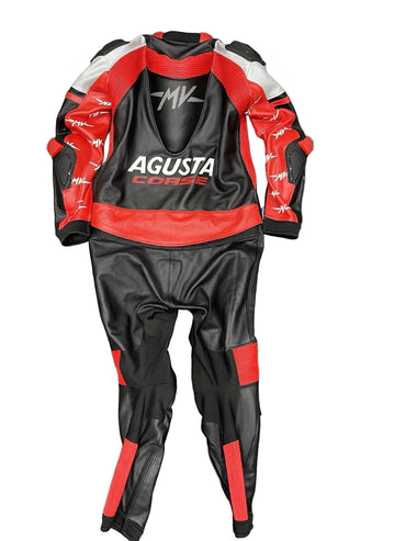 Detailed view of the AGUSTA CORSE chest branding, MV logos, and professional track sliders on a premium leather suit.