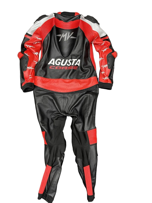 Detailed view of the AGUSTA CORSE chest branding, MV logos, and professional track sliders on a premium leather suit.