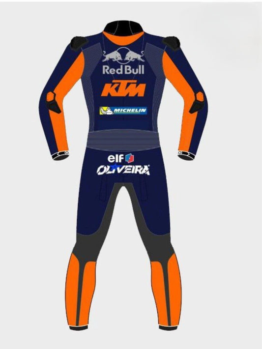 Professional track gear featuring an aerodynamic KTM Red Bull factory livery with integrated safety armor and stretch zones.