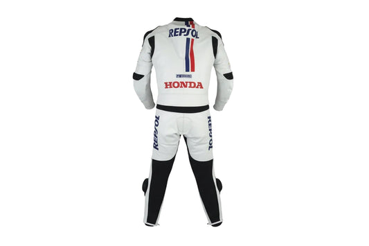 Professional white leather track suit featuring an aerodynamic Repsol Honda factory livery and integrated safety armor.