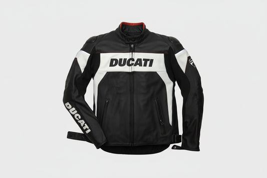 Ducati Corse black and white leather motorcycle racing jacket