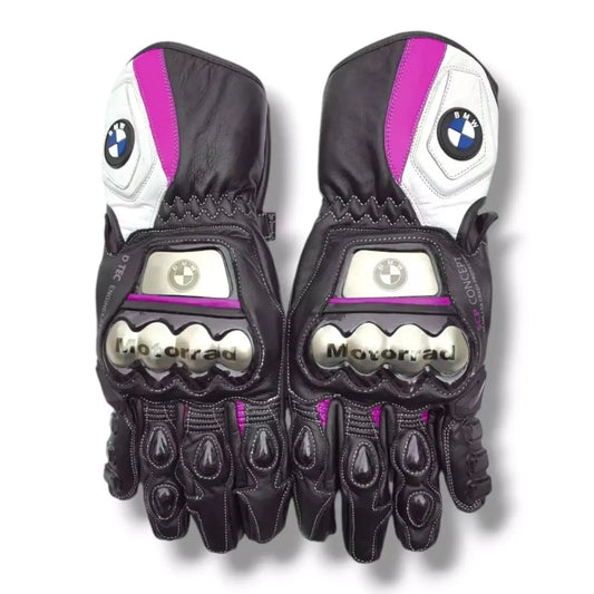 BMW Motorrad leather motorcycle racing gloves in black and purple with metallic knuckle armor.