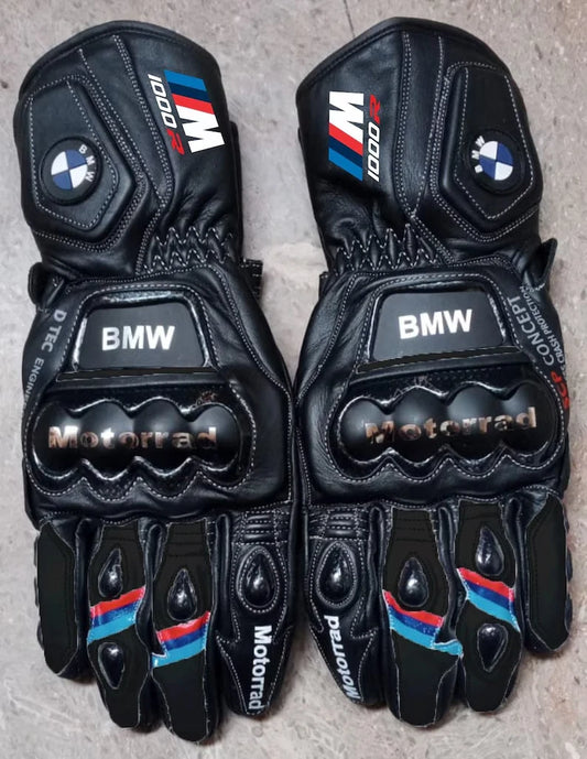 BMW Motorrad M 1000 RR leather motorcycle racing gloves in black with M-Sport tricolor stripes.