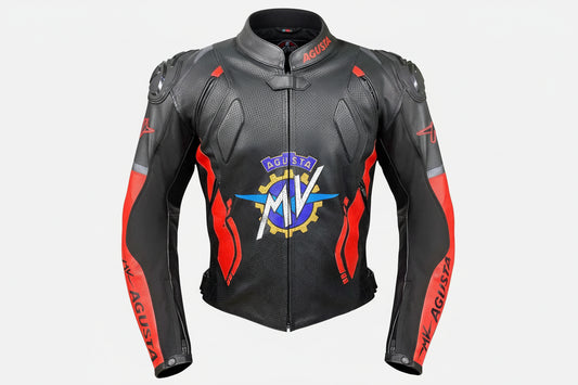 MV Agusta black and red leather motorcycle racing jacket with heritage logo and integrated armor.
