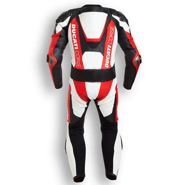 Detailed view of the Ducati chest branding, D-air logo, and professional metallic shoulder sliders on a tri-color track suit.