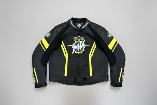 MV Agusta black and neon yellow leather motorcycle racing jacket with heritage logo and integrated armor.