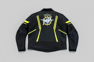 Detailed view of the large MV Agusta chest logo, neon yellow racing stripes, and professional leather construction on a black jacket.