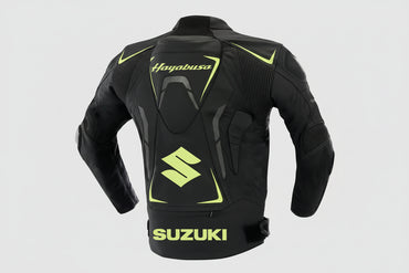 Detailed view of the neon green Hayabusa Kanji branding, Suzuki forearm logo, and external hard-shell shoulder sliders