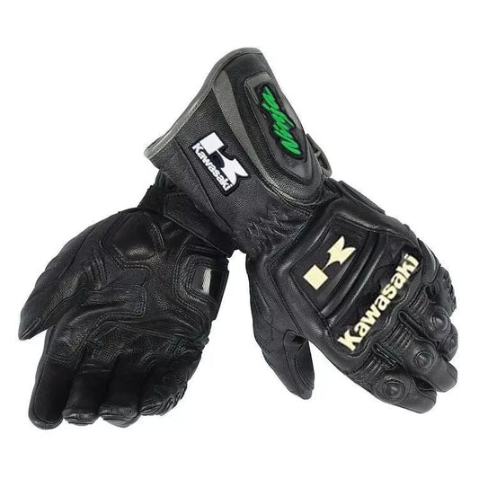 Kawasaki Ninja leather motorcycle racing gloves in black with green Ninja branding and knuckle armor.
