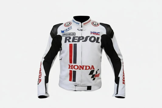 Honda Repsol black, red, and white leather motorcycle racing jacket with HRC branding and integrated armor.