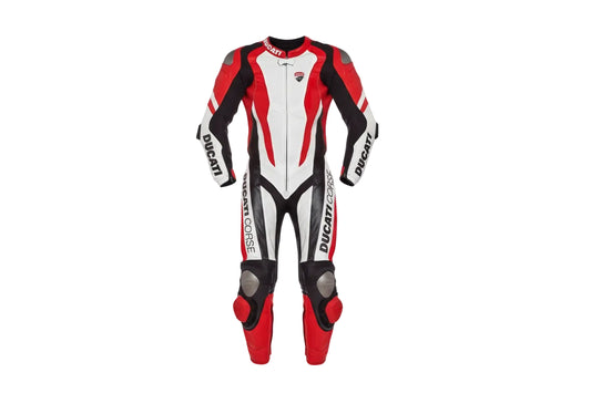 Ducati Corse one-piece leather racing suit in red, black, and white with professional armor and track sliders.