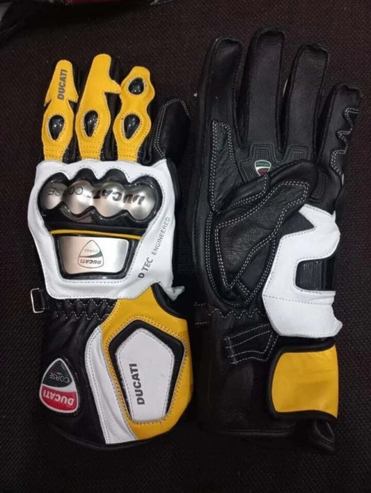 Ducati Corse leather motorcycle racing gloves in yellow, white, and black with metallic knuckle armor.