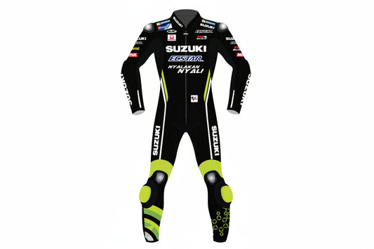 Suzuki ECSTAR professional one-piece leather racing suit in black and neon yellow with integrated armor.