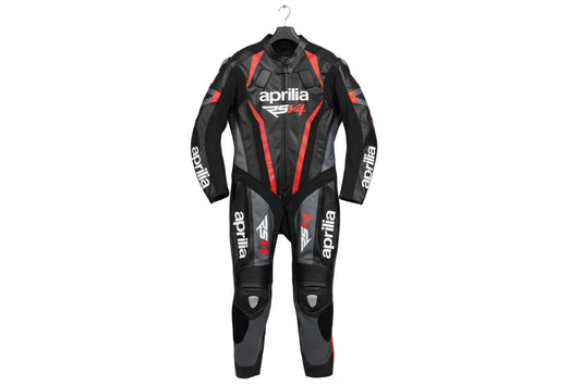 Aprilia Racing red, white, and black leather motorcycle racing suit with RSV4 branding and integrated armor.