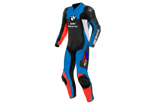 BMW Motorrad S1000RR one-piece leather racing suit in blue, black, and red with integrated armor.