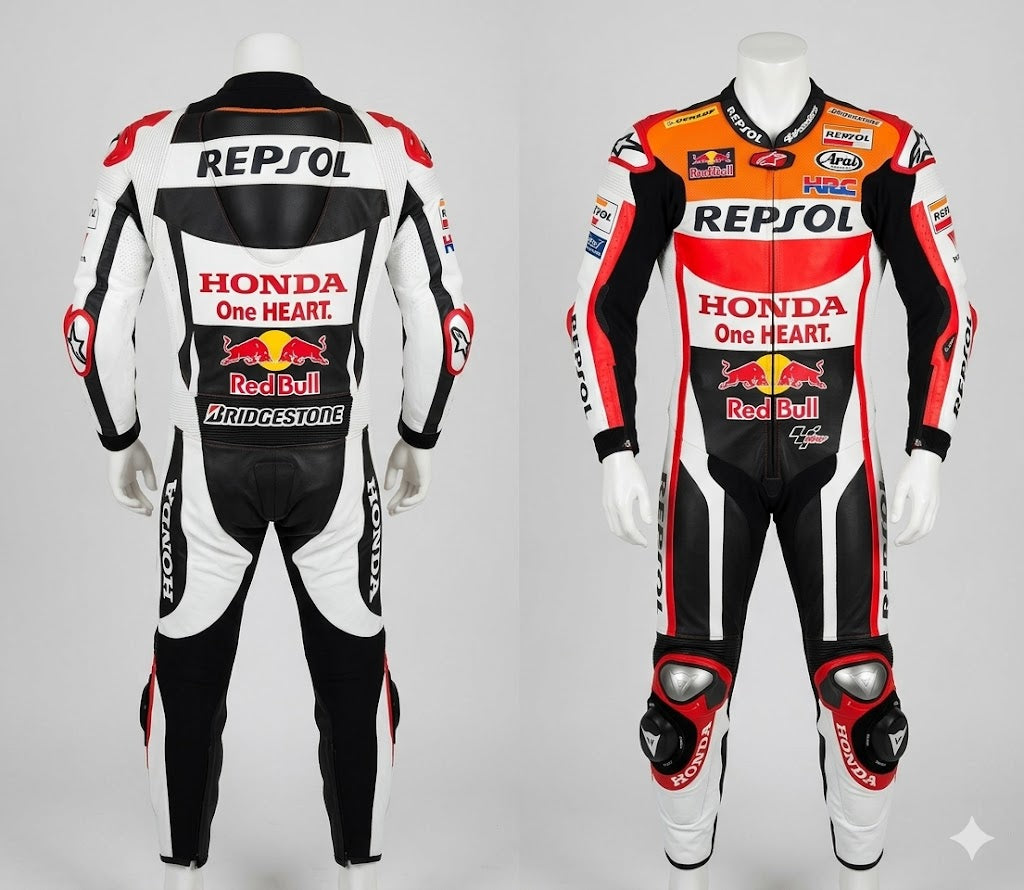 Repsol Honda one-piece leather racing suit in white, black, and red with MotoGP sponsor livery.