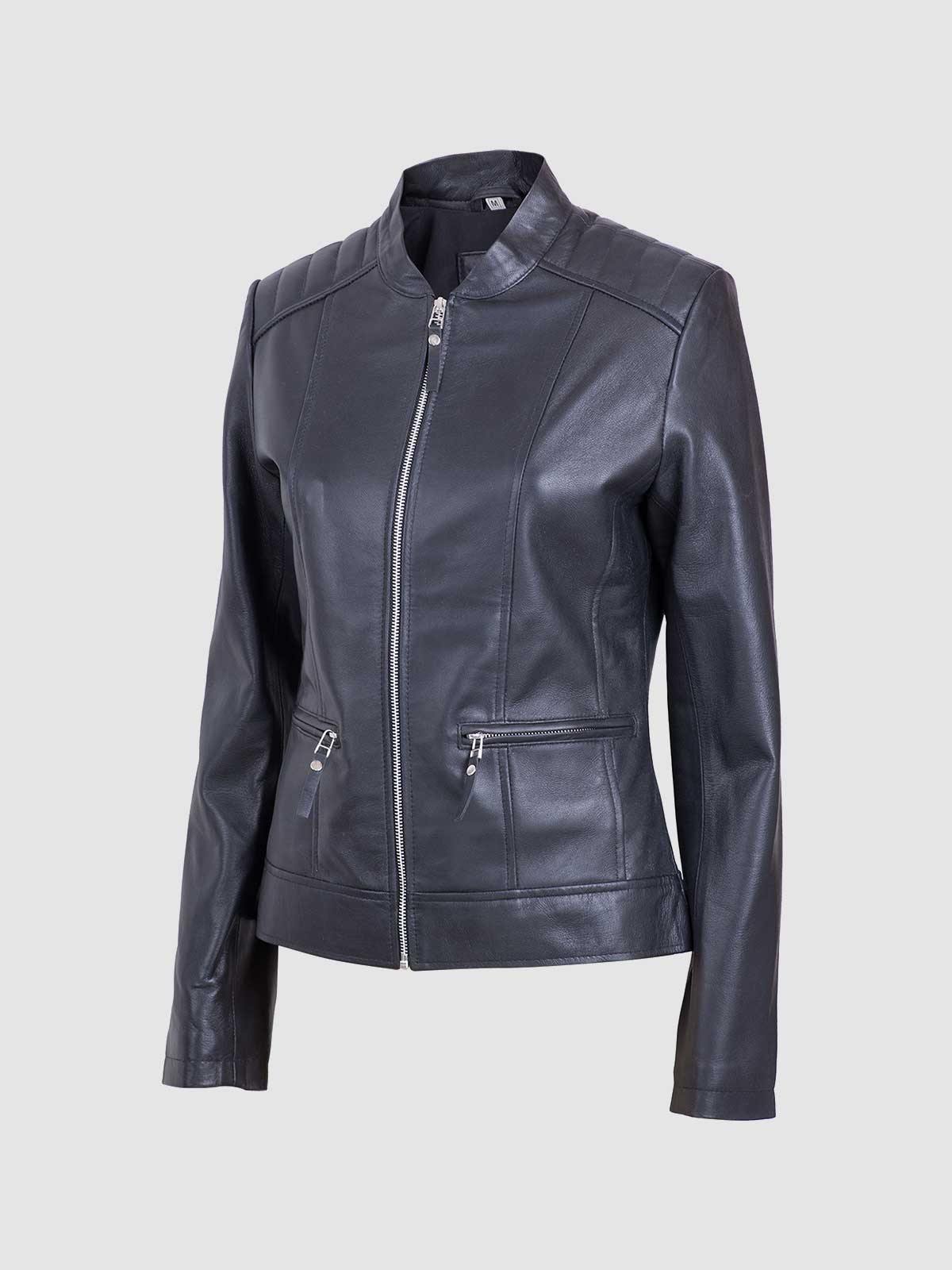 Women's Black Leather Cafe Racer Jacket with ribbed/padded shoulders and a snap-tab stand collar.