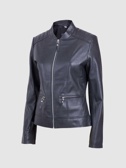 Women's Black Leather Cafe Racer Jacket with ribbed/padded shoulders and a snap-tab stand collar.