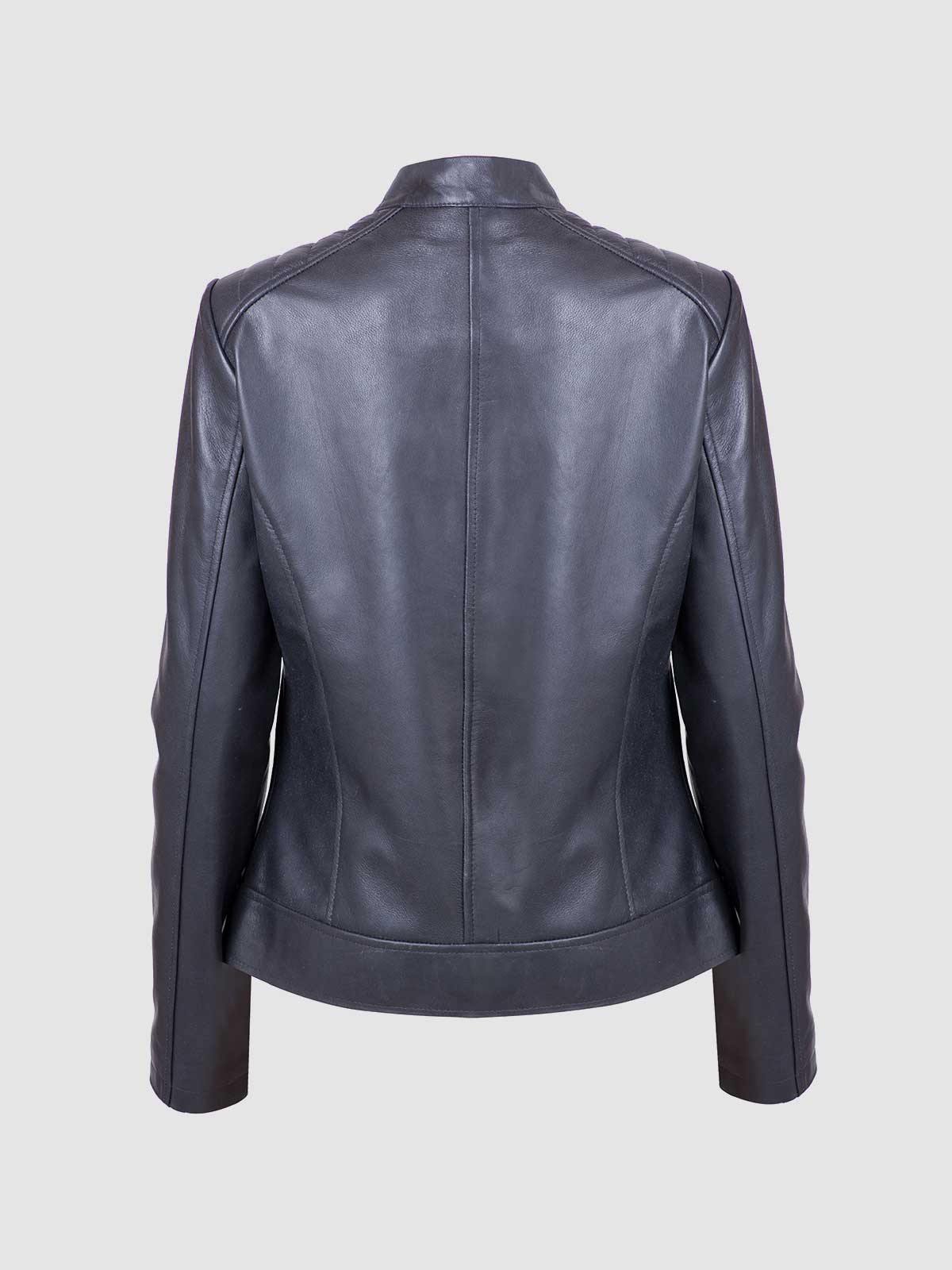 Front view of a tailored black leather jacket for women, showcasing the clean full-zip, silver hardware, and horizontal ribbing on the shoulder panels.