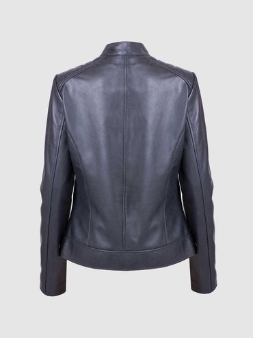 Front view of a tailored black leather jacket for women, showcasing the clean full-zip, silver hardware, and horizontal ribbing on the shoulder panels.