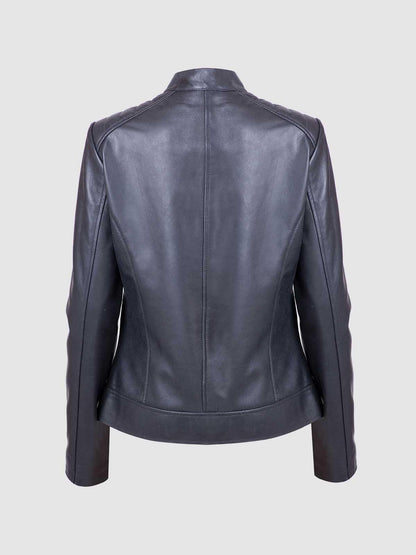 Front view of a tailored black leather jacket for women, showcasing the clean full-zip, silver hardware, and horizontal ribbing on the shoulder panels.