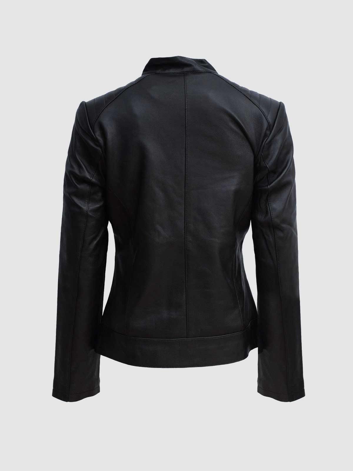 Black leather jacket. Women's cafe racer, quilted, stand collar, tailored fit.