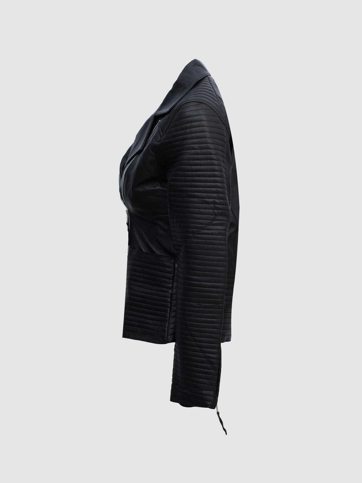 Sleek black leather jacket with quilted panels, offering a flattering tailored fit and timeless cafe racer style.