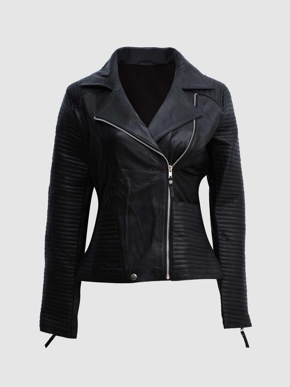 Women's Black Leather Cafe Racer Jacket with diamond quilting on the shoulders and a stand collar.
